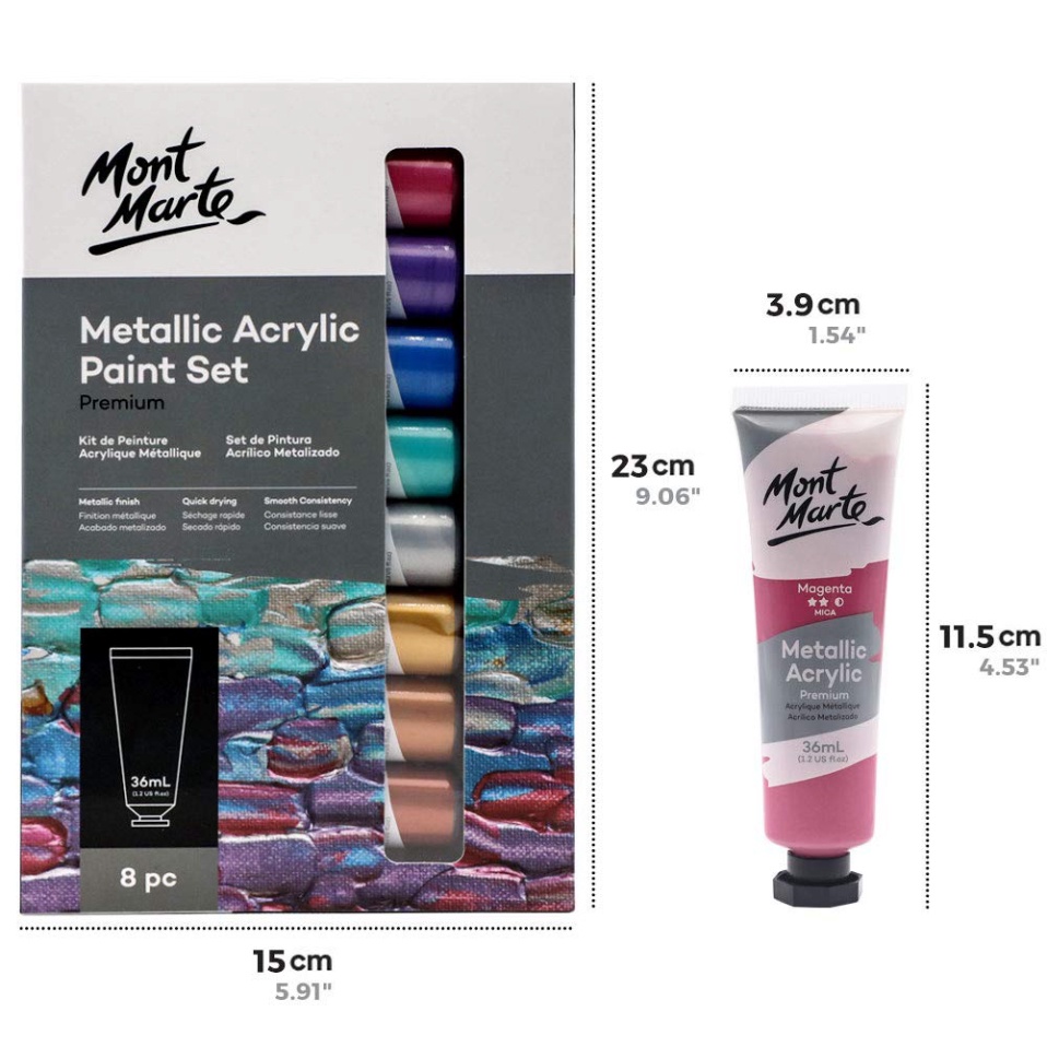 Bộ màu nhũ acrylic Mont Marte Metallic Acrylic Paint Intro Set Premium 18ml và 36ml/ Fluro Acrylic 8 màux18ml
