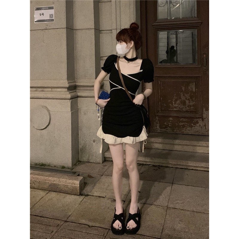 Đầm Tay Ngắn Cổ Vuông Thắt Nơ Thời Trang Mùa Hè Xinh Xắn Cho Nữ