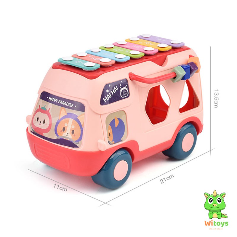 Xe Bus hạnh phúc, Đồ chơi cho bé 1 tuổi đến 3 tuổi giúp phát triển tài năng toán học qua hình khối, âm nhạc đàn Xylophon