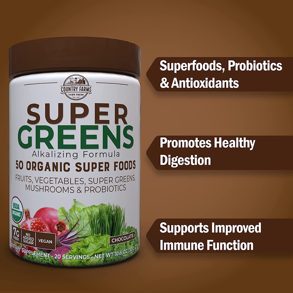 Hỗn hợp 50 siêu thực phẩm hữu cơ Country Farms Super Greens 300g