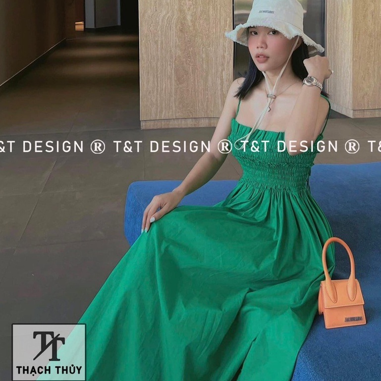 Đầm thiết kếLINH RUBI STORE váymaxi đi biển 2 dây chun ngực dáng xòe có túi chất thô nến V399