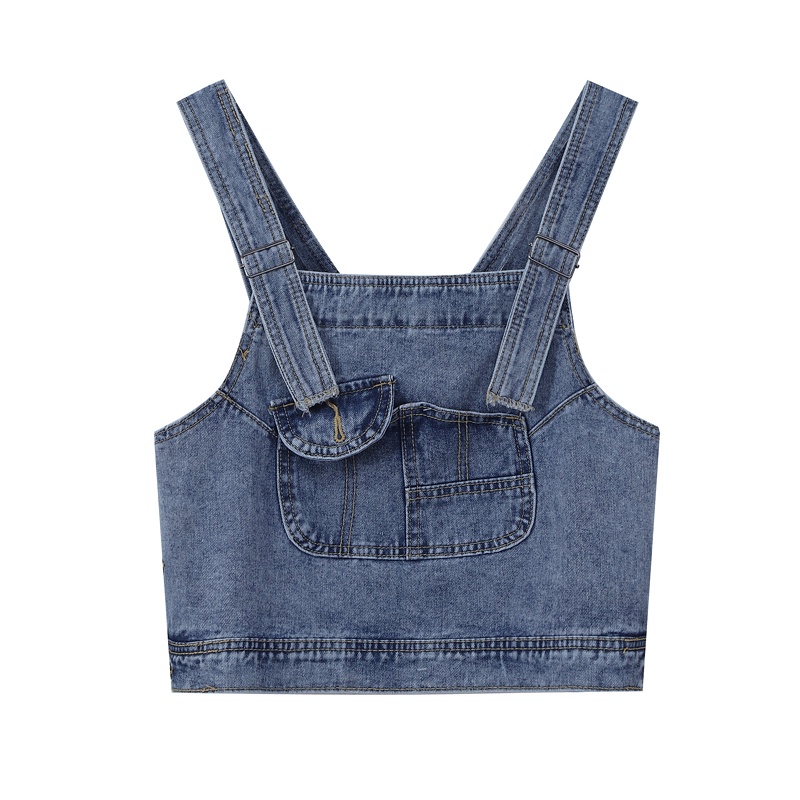 Kumivn áo yếm bò hai quai túi nhí croptop cá tính phụ kiện thời trang