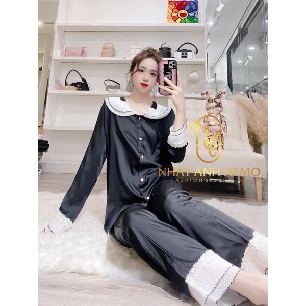 Đồ bộ pijama mặc nhà LỤA LATIN trơn tay dài TIỂU THƯ phối bèo hot trend kèm nơ cho bạn nữ sang trọng và tinh tế