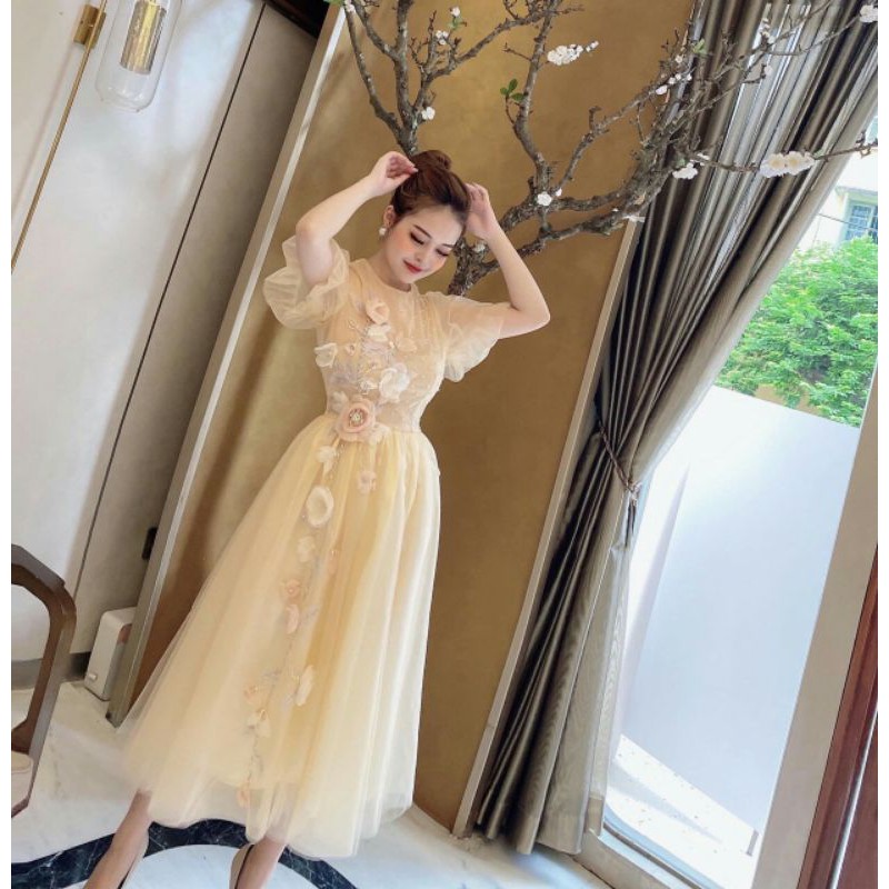 Đầm xòe tay phồng đính hoa