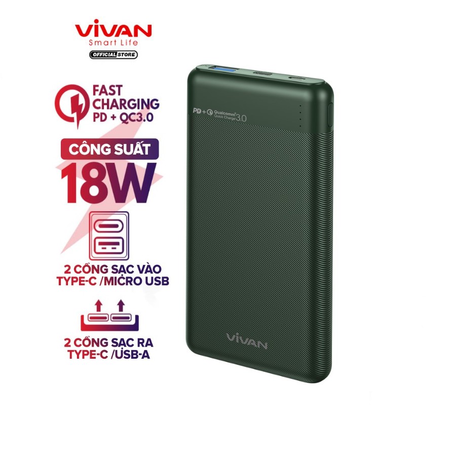 Pin Sạc Dự Phòng Chính Hãng 10000mAh VIVAN VPB-M10 Sạc Nhanh Chuẩn PD/QC3.0 18W 2 Output 2 Input