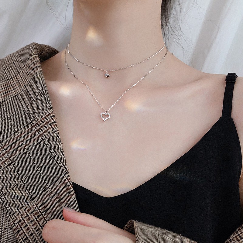 (FREE SHIP ĐƠN 50K) Dây chuyền bạc nữ,dây đôi hình tim tinh tế, sang trọng