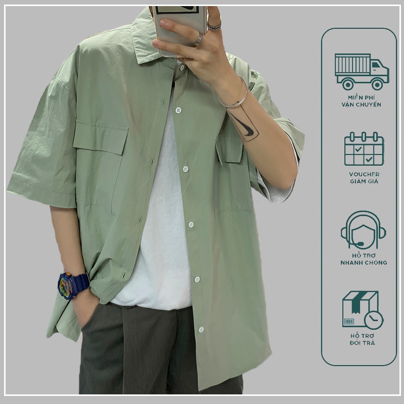 Áo sơ mi tay ngắn nam nữ form rộng sơ mi cổ vest unisex tay lỡ, chất vải lụa mịn chống nhăn