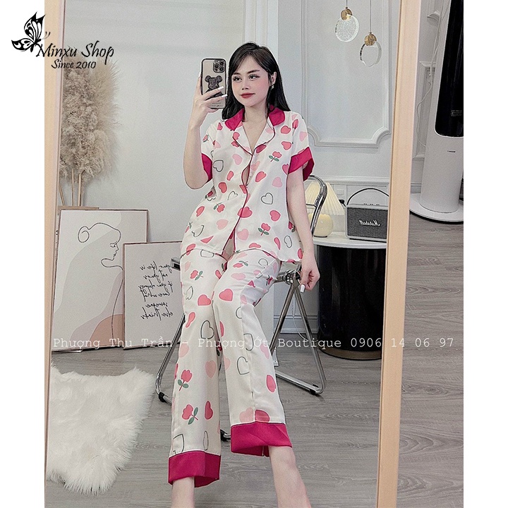 Bộ mặc nhà Pijama  áo ngắn tay quần dài, vải LỤA CAO CẤP QUẦN DÀI - MỀM MỊN - MÁT MẺ - SANG SỊN MỊN