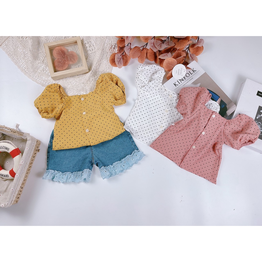 ✓ 8-18kg✓ set bộ bé gái minky mom áo chấm bi + quần jean xinh xắn
