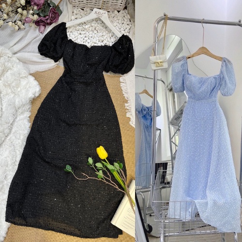 Đầm Maxi Tay Phồng Khoét Lưng Chất Tơ Gân Váy Midi Bi Nổi Ren Đen Xanh Cho Nữ Dáng Dài