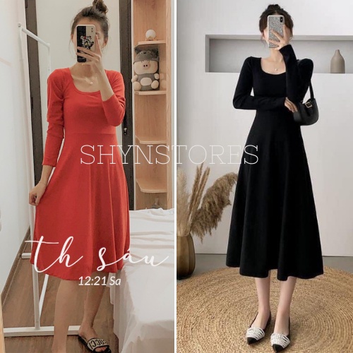 Đầm body len tăm Shynstores - đầm hotgirl cổ vuông đuôi xòe vải tăm co giãn