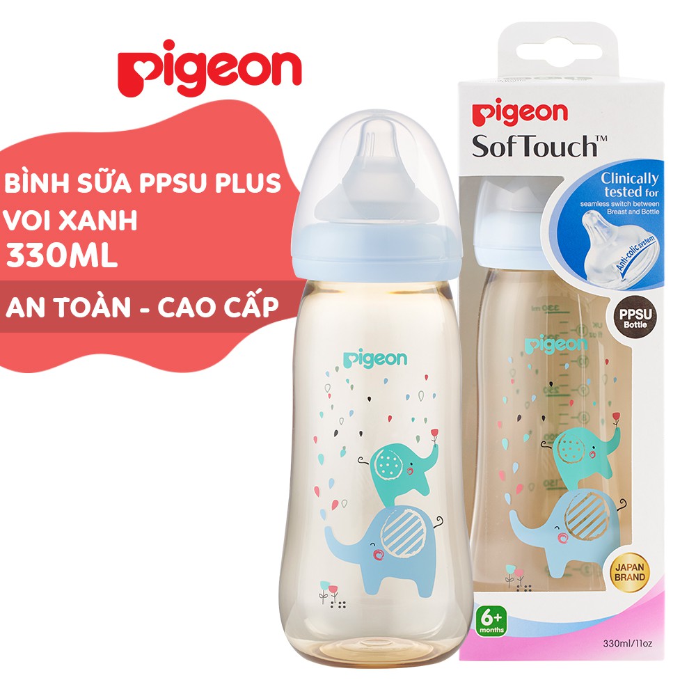 Bình Sữa PPSU Plus Voi Xanh/ Thỏ Hồng Pigeon 330ml (L)