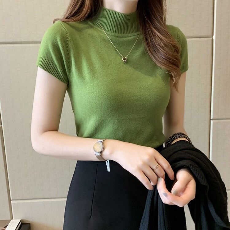 Áo sweater Ngắn Mỏng Ôm Dáng Cổ Cao Tay Nửa Thời Trang Cho Nữ