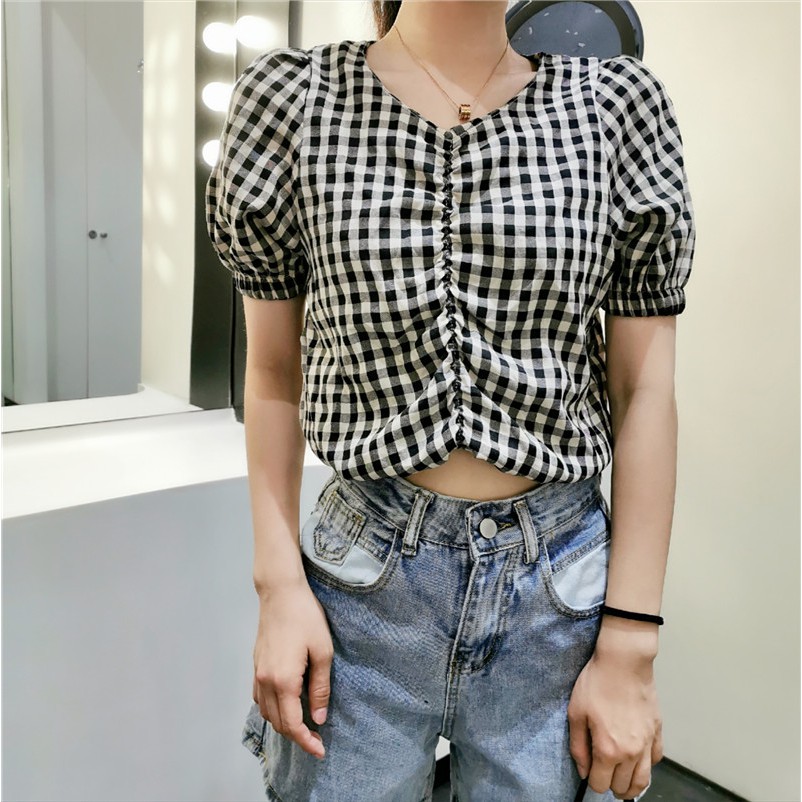 Women's French Retro V-neck Short Sleeve Plaid Shirts Loose Fashion Summer Crop Tops | BigBuy360 - bigbuy360.vn