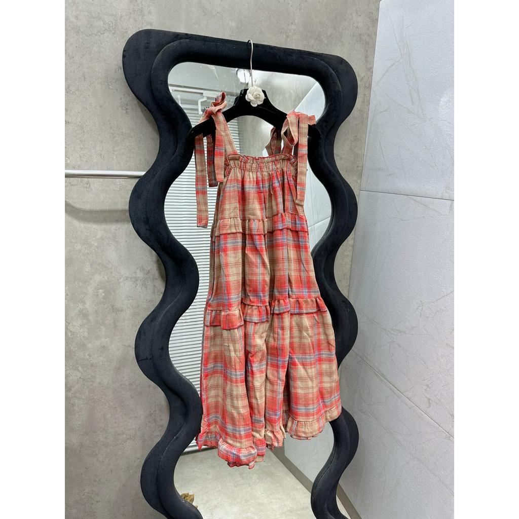 Váy BabyDoll Dáng Dài 3 Tầng Dây Buộc Đầm Nữ 2 Dây Buộc Vai Kẻ Caro Dáng Xoè Freesize