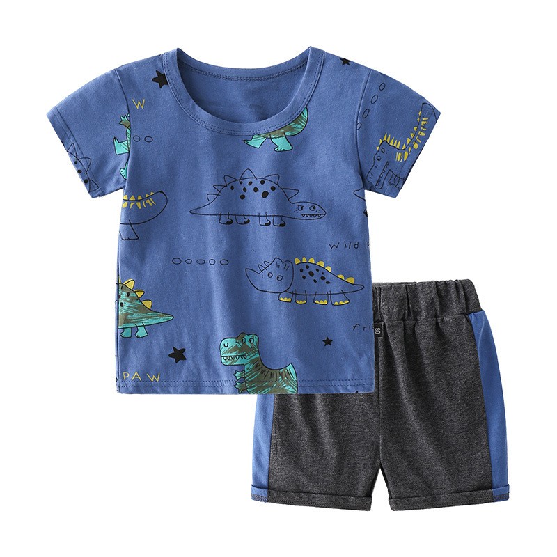 Bộ cộc tay bé trai DINOKING Set đồ bộ hè trẻ em xuất dư chất thun cotton họa tiết khủng long cho bé 2 - 8 tuổi DB06