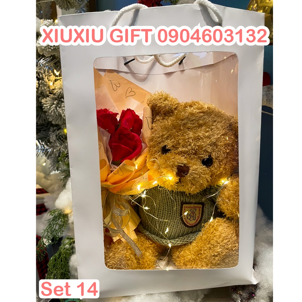 Set Quà Tặng Gấu Teddy Lông Xù Cute và Bó Hoa Sáp 1 Bông, Kèm Thiệp, Đèn LED và Túi, Quà Tặng 8/3 Valentine, Giáng Sinh