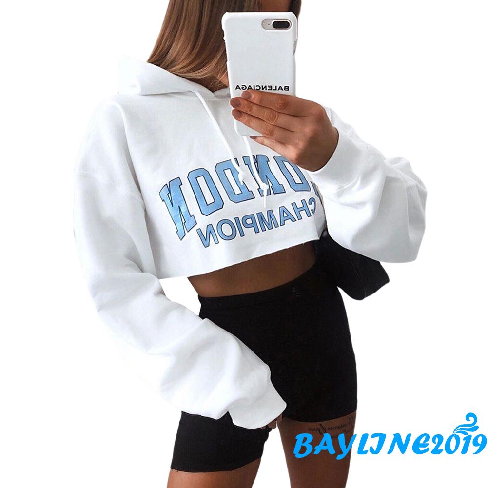 Áo Hoodies Lửng Có Nón Dài Tay In Chữ Thời Trang Nữ