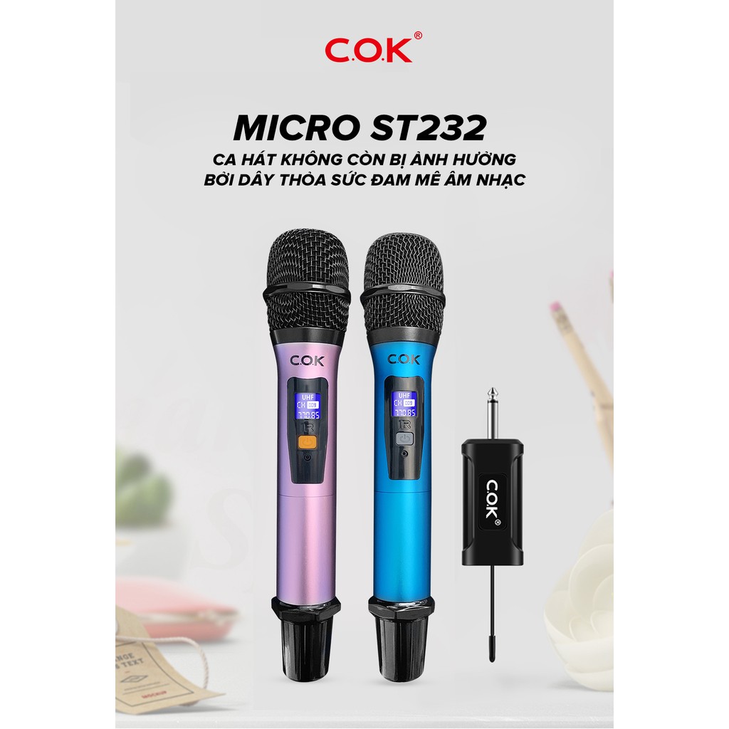 Bộ 2 Micro Karaoke Không Dây Cao Cấp COK ST-232 - Thời Lượng Pin 6h Màn Hình LED Chống Nhiễu Giảm Ồn Lọc Âm