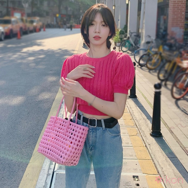 Áo Croptop Dệt Kim Tay Ngắn Cổ Tròn Màu Sắc Thanh Lịch