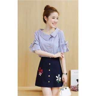 Áo Sọc Nhí Cổ Lệch Phối Nơ Tay