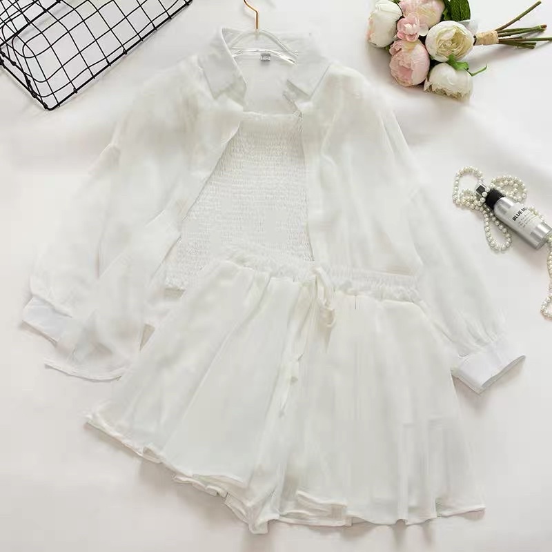 Set áo sơ mi + quần short + áo ống vải voan mát lạnh (có ảnh thật)