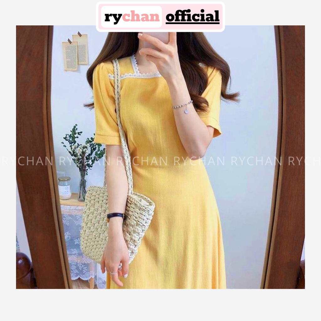 [ẢNH THẬT CUỐI] Đầm Xòe Midi Vàng Cổ Vuông Nơ Sau - DX953