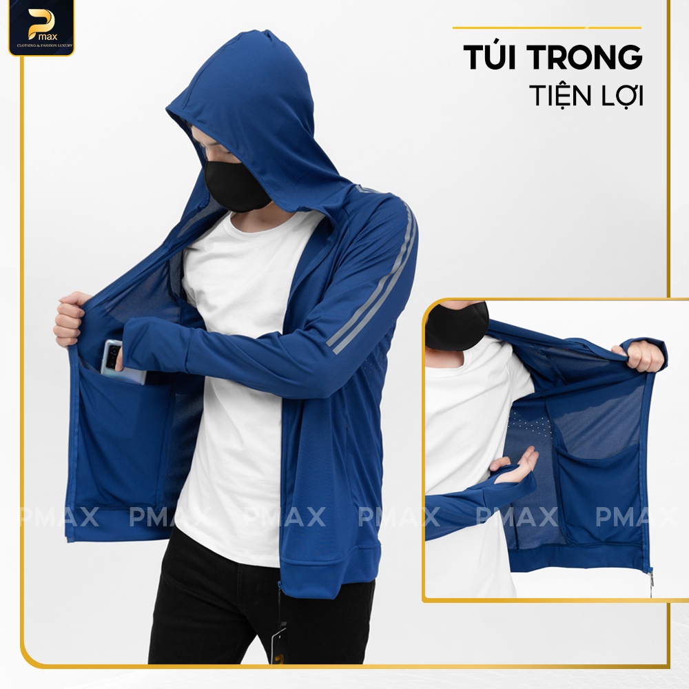 Áo chống nắng nam nữ 1 lớp PMAX cản tia UV, vải kim cương thơm phối lỗ thoáng khí màu xám