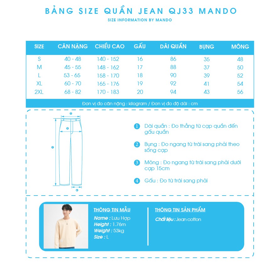 Quần Jean Nam MANDO Ống Rộng Chất Bò Xanh Nhạt Kiểu Dáng Basic Unisex Thời Trang Hàn Quốc  QJ33 | BigBuy360 - bigbuy360.vn