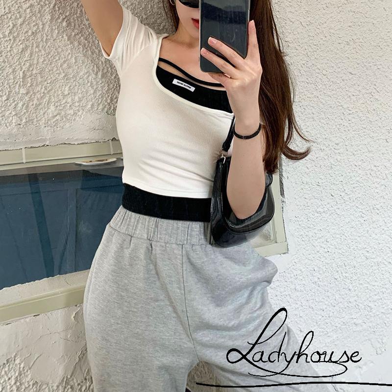 LDD-Women Close-fitting U-shaped Collar T-shirt, Variegated Color Short Sleeve Crop Tops, Black/ White