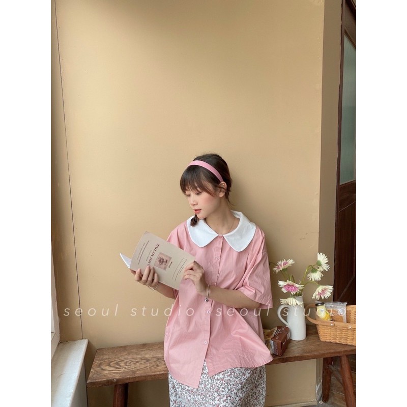 💗Set Đồ Nữ Màu Hồng Pastel Set Áo Sơ Mi Hồng Phối Chân Váy Hoa Nhí