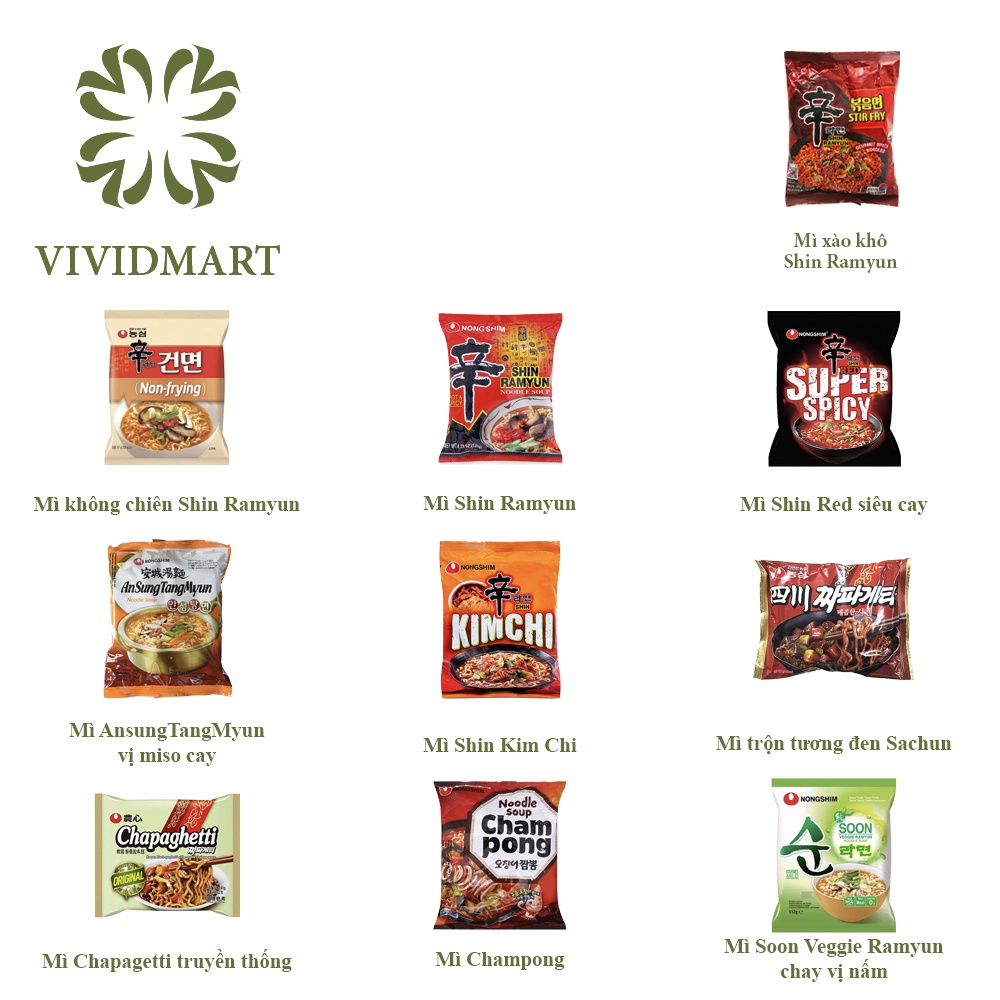 Góilẻ MÌ NONGSHIM 9VỊ SHIN RAMYUN RED SIÊU CAY, ANSUNGTANGMYUN KIM CHI, TƯƠNG ĐEN CHAPAGETTI, CHAMPONG, SOON VEGGIE CHAY