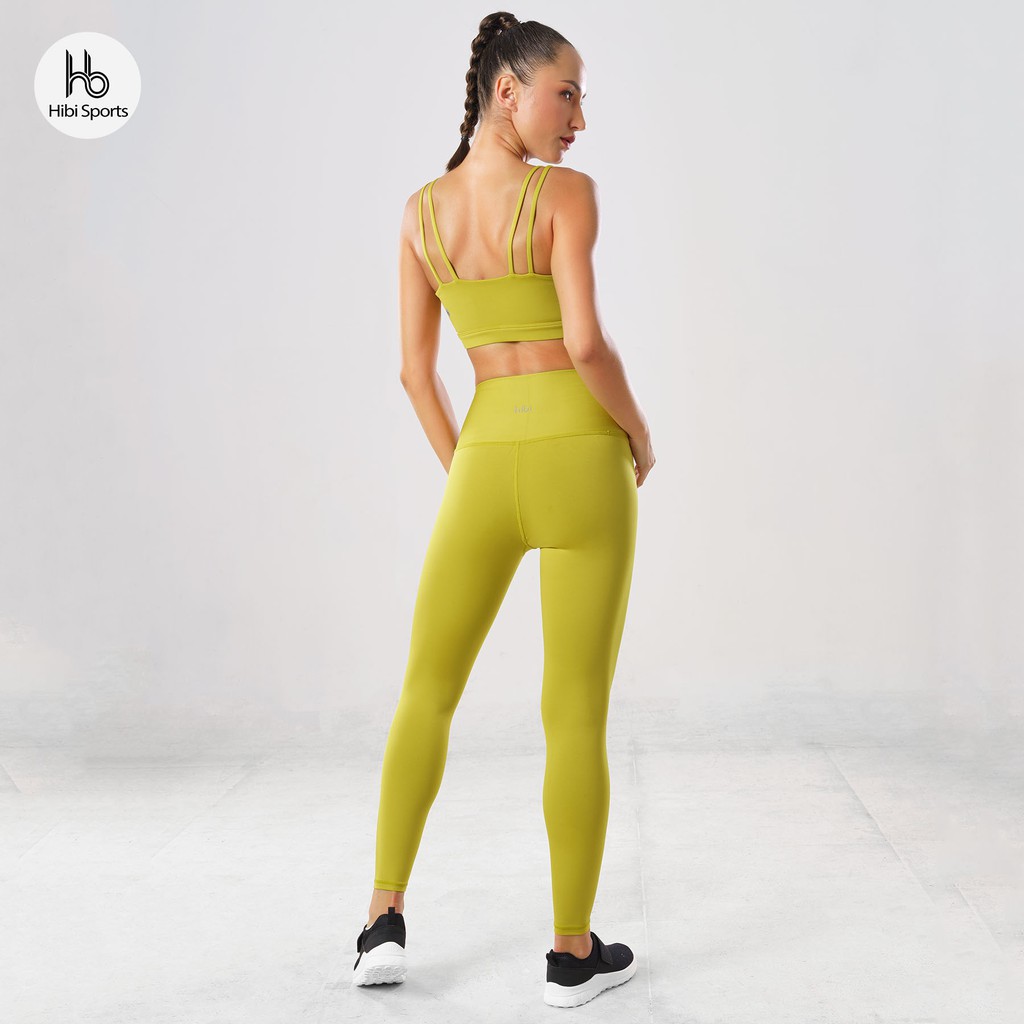 Set đồ tập yoga Luxury Hibi Sports H139 màu vàng chanh và nâu dẻ, áo 4 dây cổ ngan