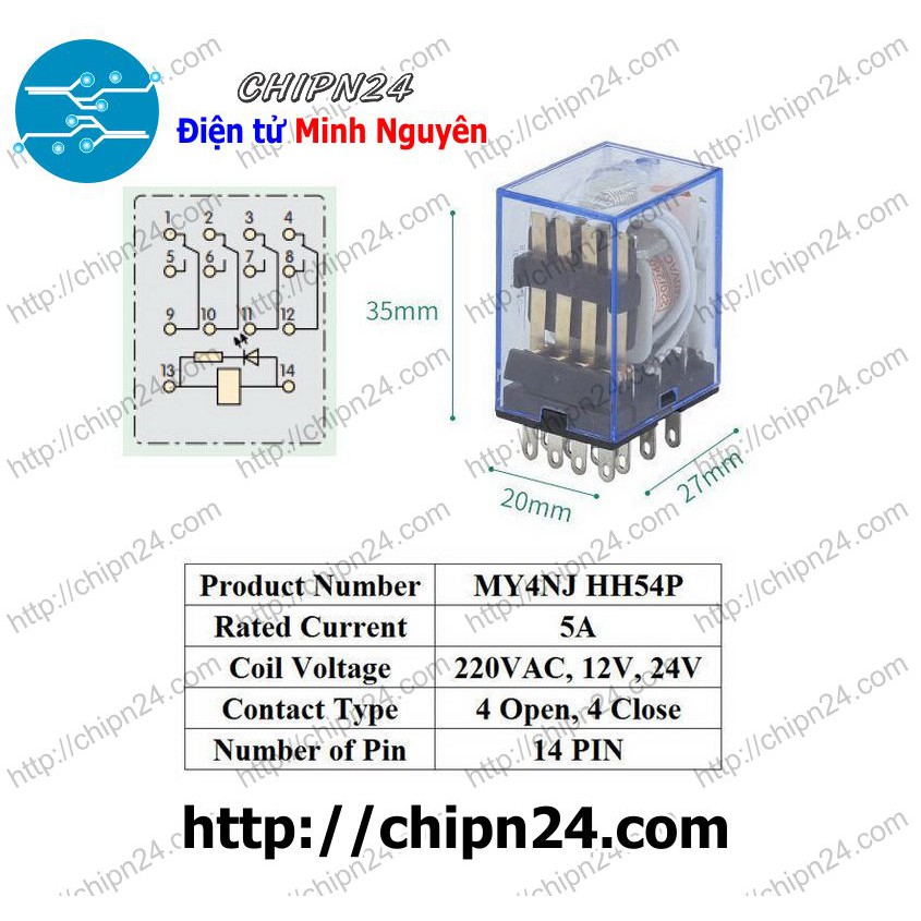 [1 CON] Relay Kiếng MY4NJ 14 chân 5A 220VAC (MY4N-J HH54P)