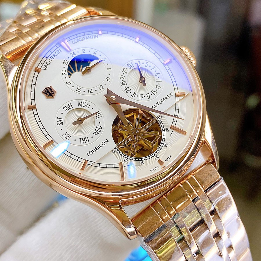 Đồng hồ Nam Vacheron máy nhật, mẫu 5kim lộ cơ cánh khế, mặt trắng viền vàng , dòng cơ Automatic size 40mm-41mm