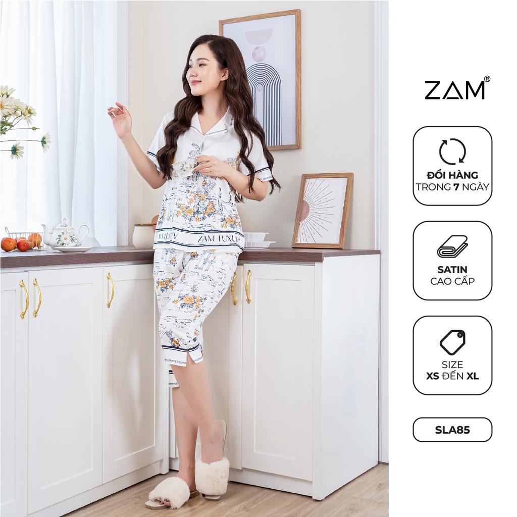 Bộ Pyjama satin ZAM Luxury - SLA85 - áo ngắn tay quần lửng hoạ tiết