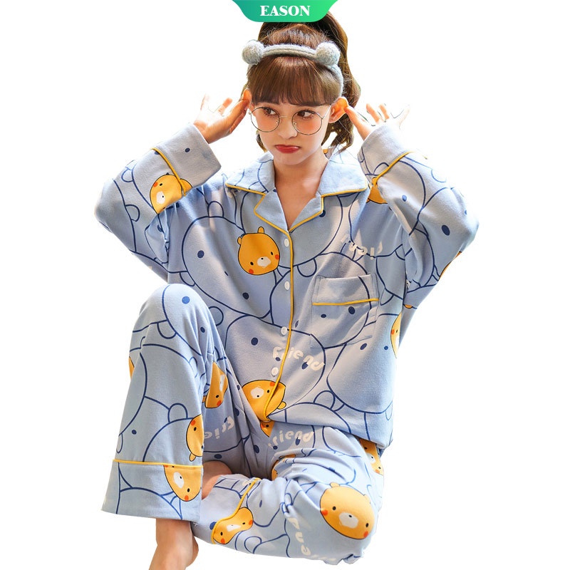 Bộ Đồ Ngủ Hai Món Tay Dài In Họa Tiết Mèo Hoạt Hình Dễ Thương Size M-XXL
