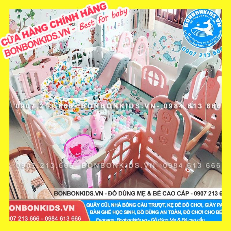 Trọn bộ Nhà banh Quây Full Newber Kiddy, xích đu, cầu trượt 9 chi tiết (Có bo góc, Kèm bóng rổ)