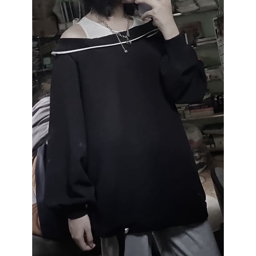 Set áo Izana đen trễ vai form rộng unisex nam nữ