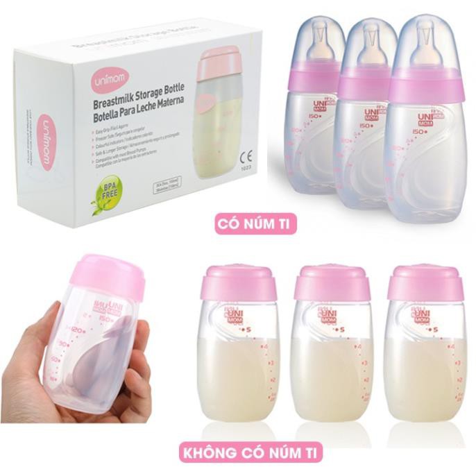 Bộ 3 bình trữ sữa mẹ 150ml (đựng sữa mẹ) Unimom có núm ti / không có núm ti
