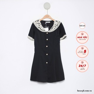 Váy đen cổ sen ren trắng tay cộc dáng a ngắn