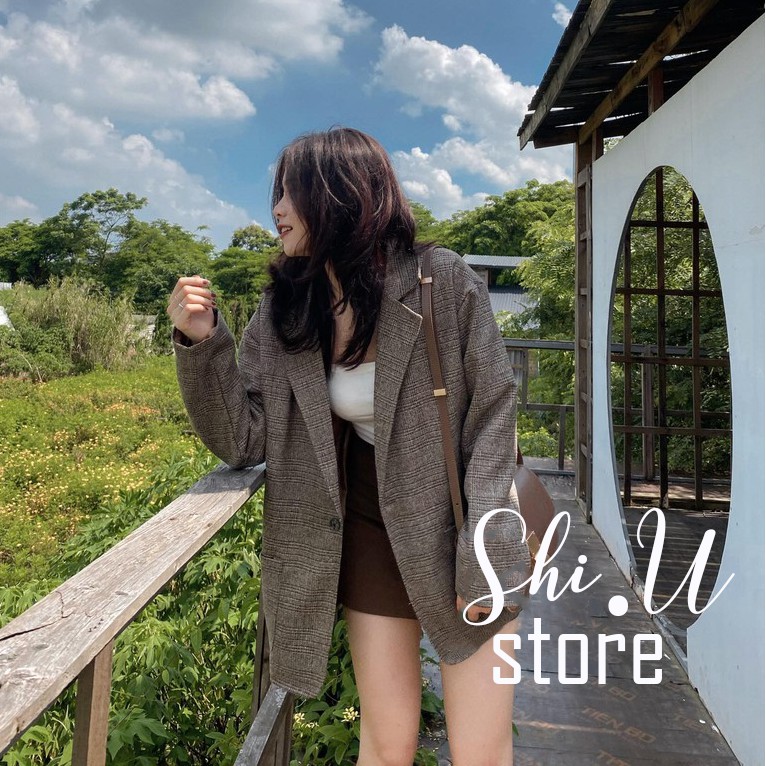 Áo Khoác Nữ Áo Blazer Nữ Chất Dạ Kẻ Ô Dáng Rộng 2 Lớp Dày Dặn Phong Cách Hàn Quốc