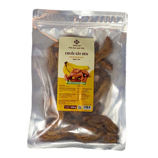 Chuối sấy dẻo Hồng Lam gói (500gr). Có vị ngọt dẻo, thơm của chuối