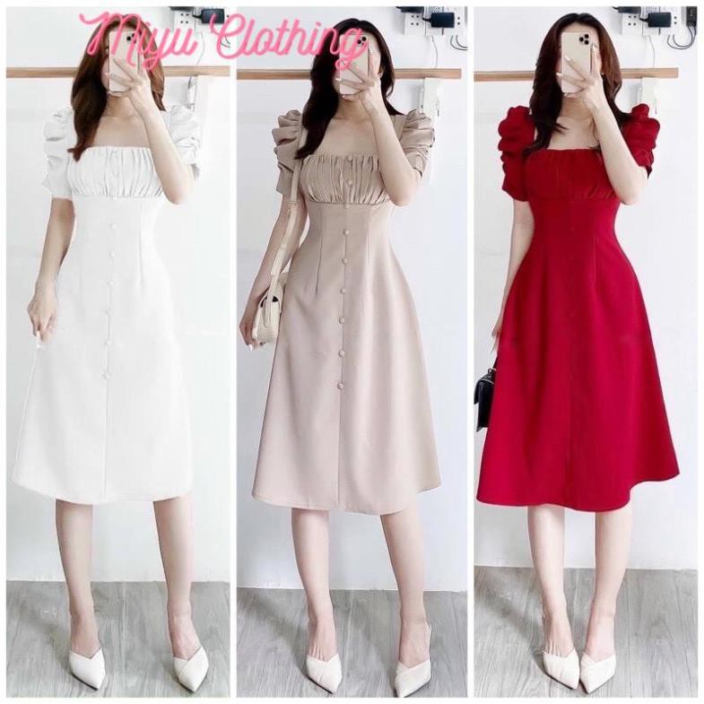 Váy dự tiệc trắng đẹp đầm đẹp dáng dài váy nữ xòe đi tiệc nút bọc xếp ly ngực Miyuclothing