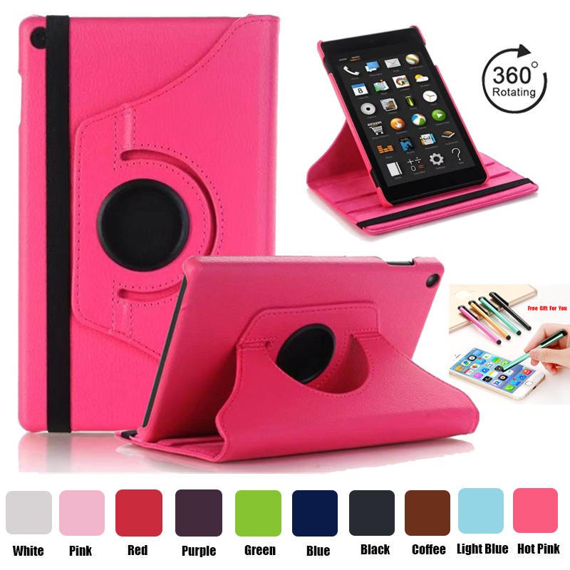 For Amazon Kindle Fire HD 8 2016/2017+Stylus Pen 360 Degree Rotate Stand Leather Tablet Case Cover
