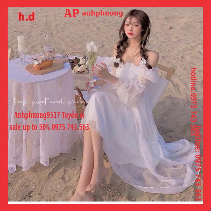 Đầm Trắng Công Chúa Tiểu Thư cổ tích Ulzzang Váy Chiffon Tay voan NHÚN NGỰC Trễ Vai or cổ vuông VINTAGEMaxi sang chảnh