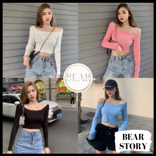 Áo Croptop Kiểu Nữ Trễ Vai Thun Gân Len Tăm Tay Dài Style Dễ thương - AK0040 | bear.story