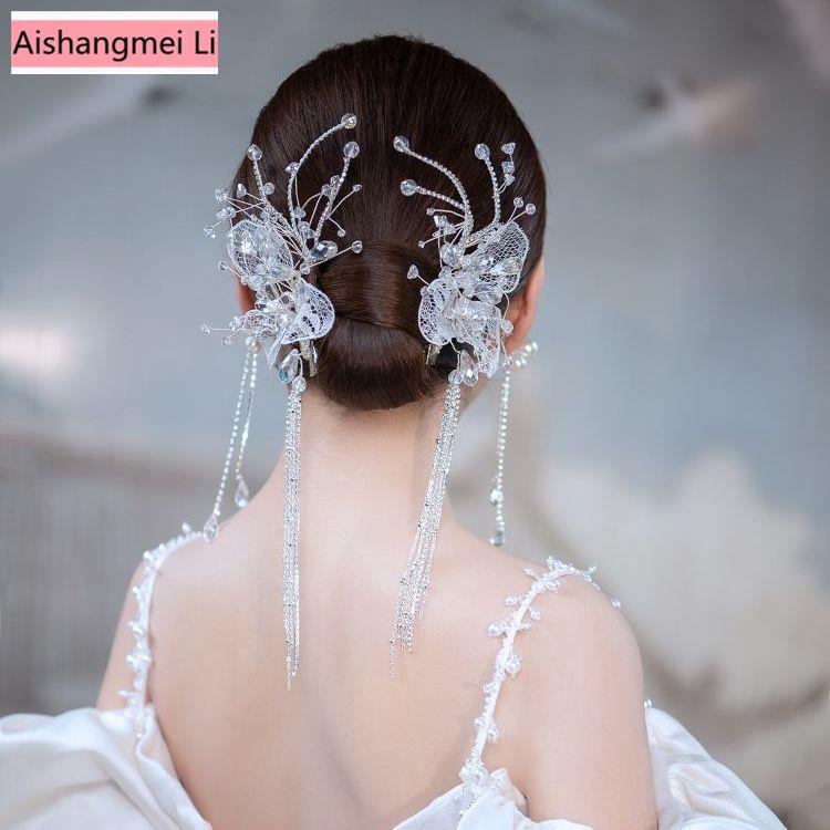 [Aishang Xinh Đẹp] Kẹp Tóc Phối Ren Tua Rua Màu Trắng Phong Cách Hàn Quốc Cho Cô Dâu