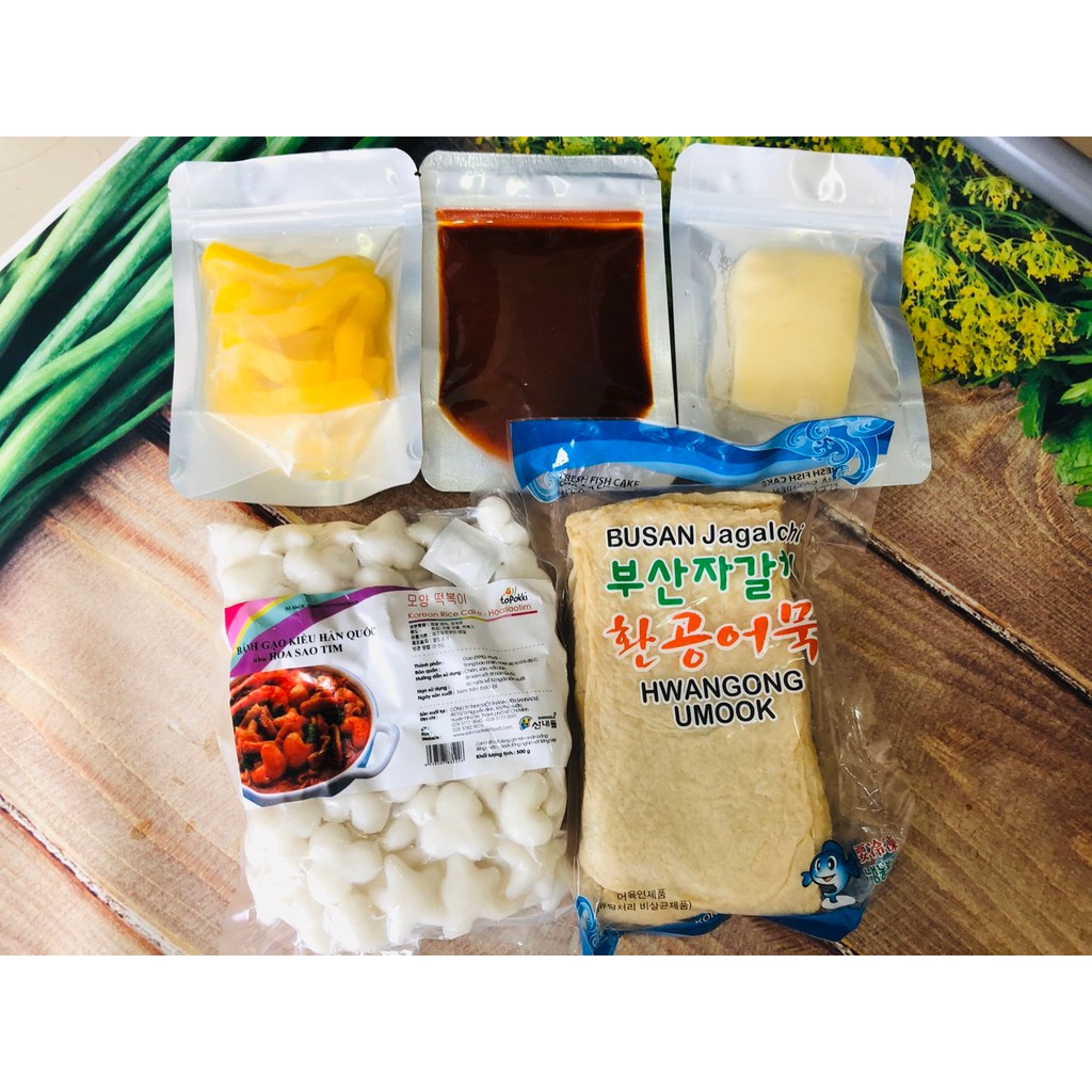 Combo 5 món Bánh gạo hoa Sao tim kiểu mới ( 500g bánh gạo hoa sao tim, chả cá, sốt, củ cải vàng, phô mai)