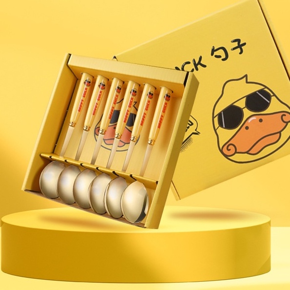 Hộp 6 chiếc thìa ăn inox, muỗng ăn đồ tráng miệng bằng thép không gỉ màu vàng hình vịt nhỏ .